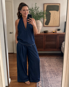 Zorelle | Halter Neck Denim Top And Wide Leg Pants Set