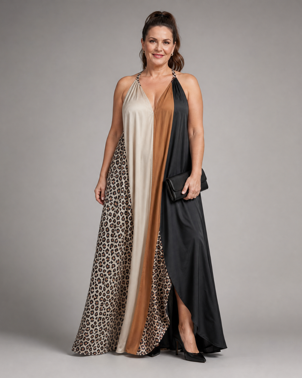 Zephielle | Color Block Animal Print Halter Flowing Maxi Dress