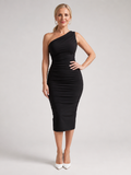 Cemol | One Shoulder Soft Ruched Detail Midi Dress