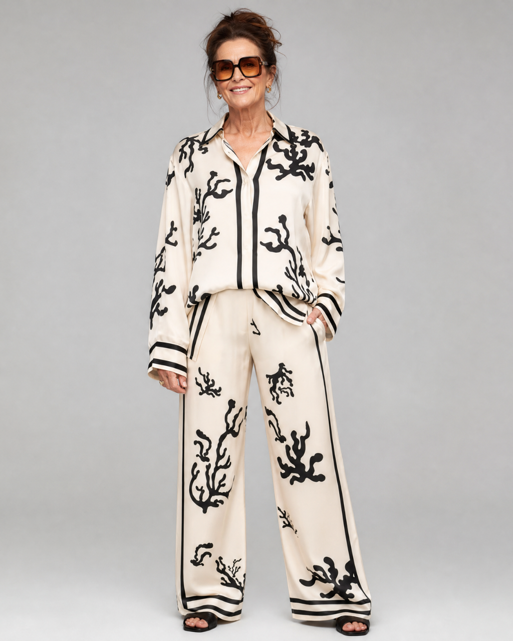 Omeni | Abstract Coastal Print Shirt And Wide Leg Pants Set