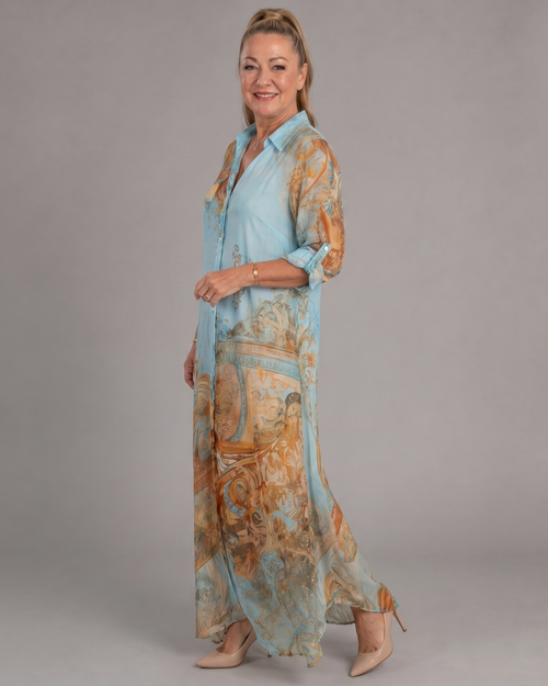 Azmira | Baroque Print Button Front Flowing Maxi Dress