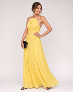 Stephene | Pleated Halter Neck Floral Detail Maxi Dress
