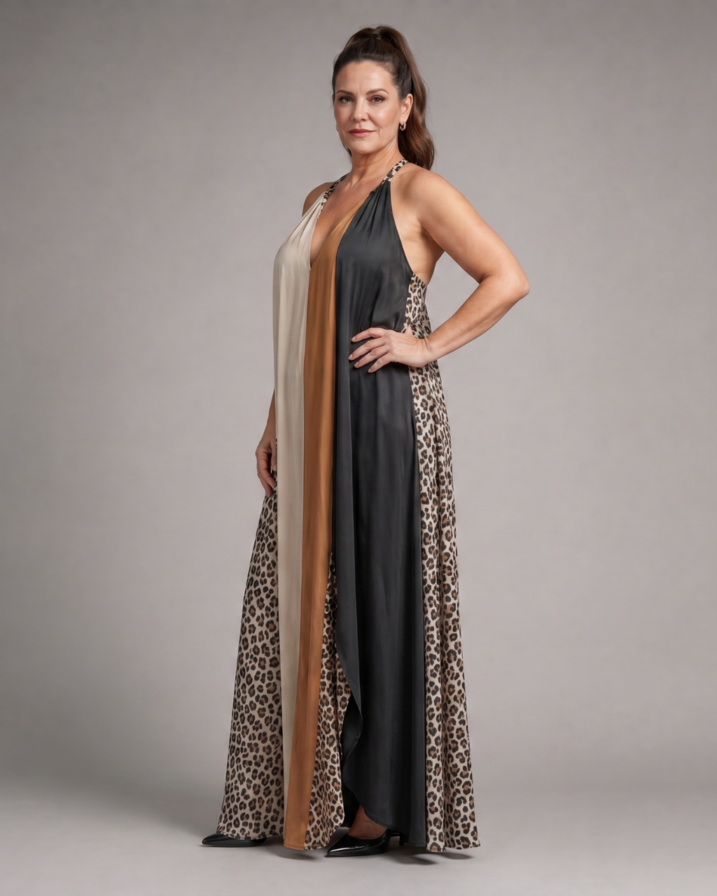 Zephielle | Color Block Animal Print Halter Flowing Maxi Dress