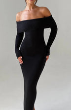 Angel | Off-Shoulder Black Maxi Dress – Premium Sculpting Knitted Gown