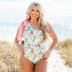 Beach Daydreamin' Swimsuit, Blue Floral With Pink Bow