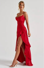 Lucia | High-Low Ruffle Hem Satin Twist Cowl Maxi Dress