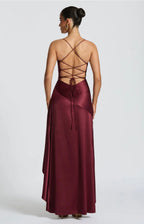 Lucia | High-Low Ruffle Hem Satin Twist Cowl Maxi Dress