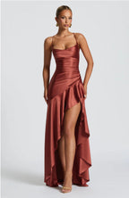 Lucia | High-Low Ruffle Hem Satin Twist Cowl Maxi Dress