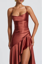 Lucia | High-Low Ruffle Hem Satin Twist Cowl Maxi Dress