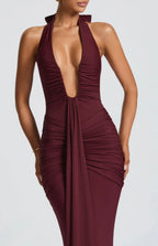 Natasha | Ruched Bodycon Plunging Halter Maxi Dress