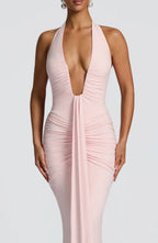 Natasha | Ruched Bodycon Plunging Halter Maxi Dress