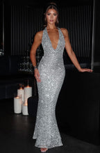 Stellara | Embellished Open Back Sequin Net Halter Maxi Dress