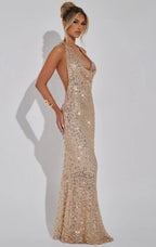 Stellara | Embellished Open Back Sequin Net Halter Maxi Dress