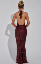 Stellara | Embellished Open Back Sequin Net Halter Maxi Dress