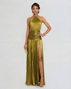 Talia | Luminous Metallic Halter Maxi Dress