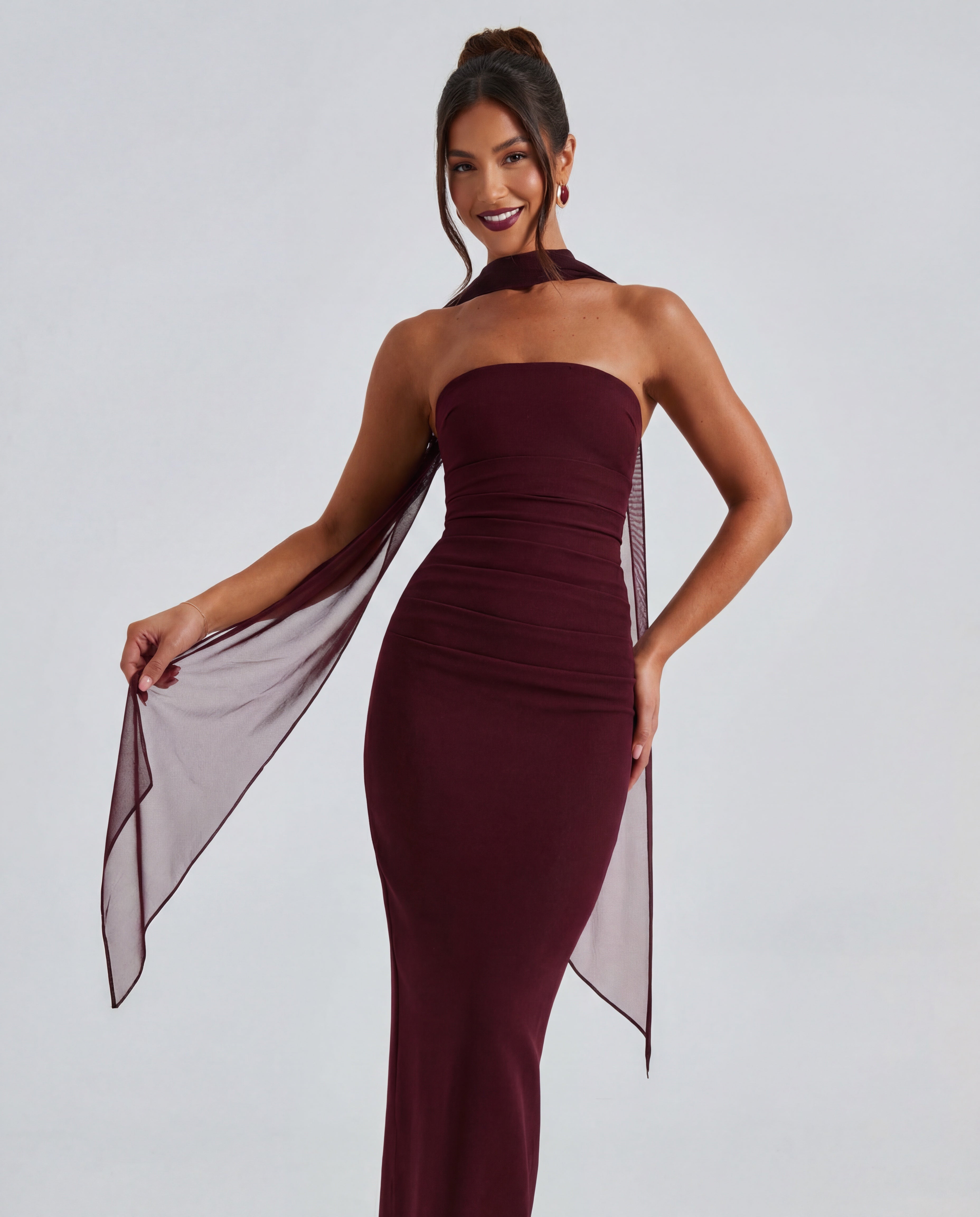 Ella | Strapless Sculpting Maxi Dress with Removable Mesh Scarf