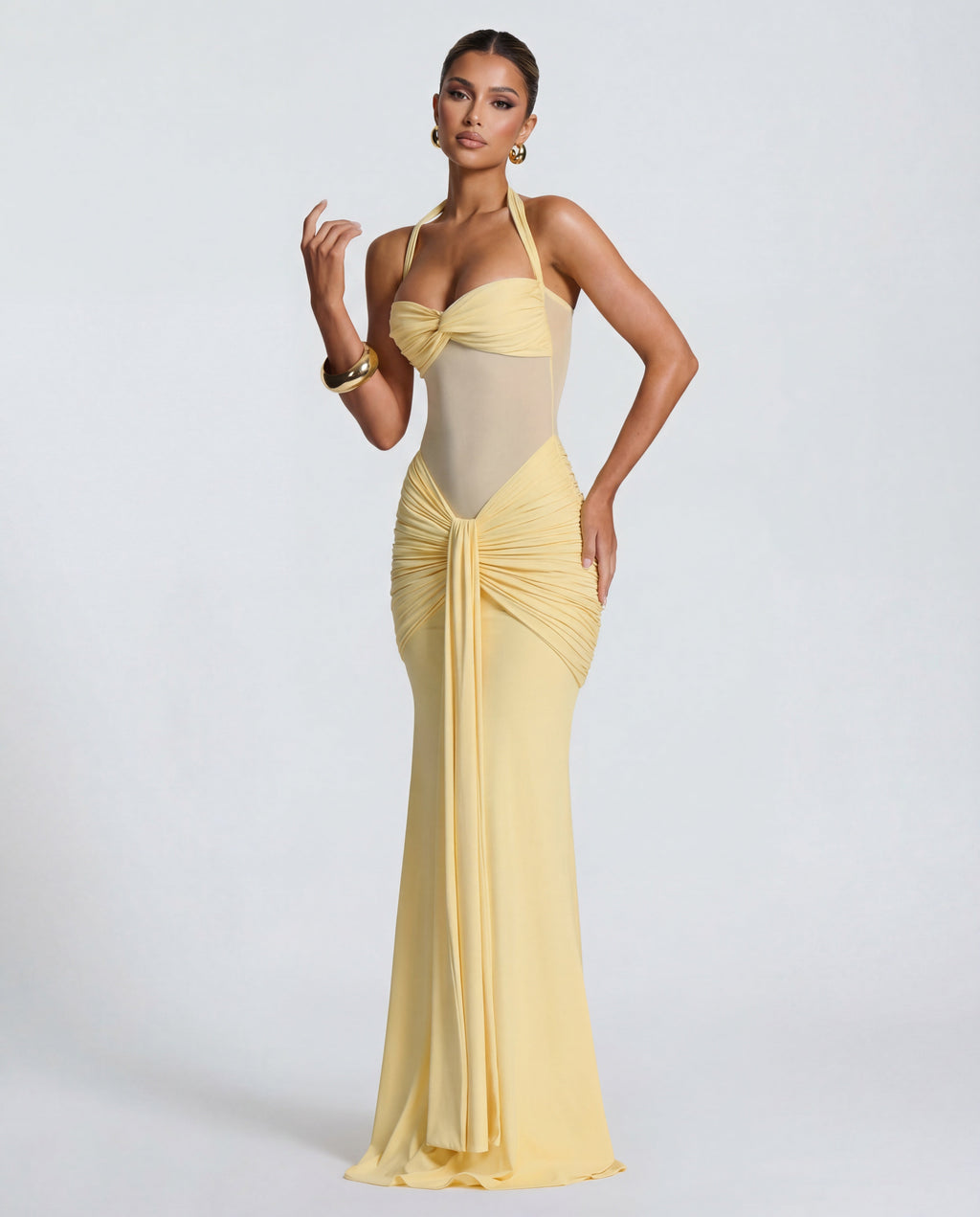 Rosabella |  Radiant Yellow Halter Neck Ruched Maxi Dress