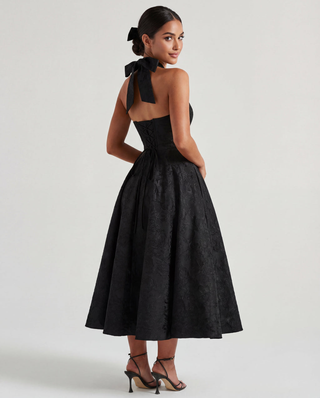 Evelyn | Halterneck Bustier Textured Jacquard Midi Dress