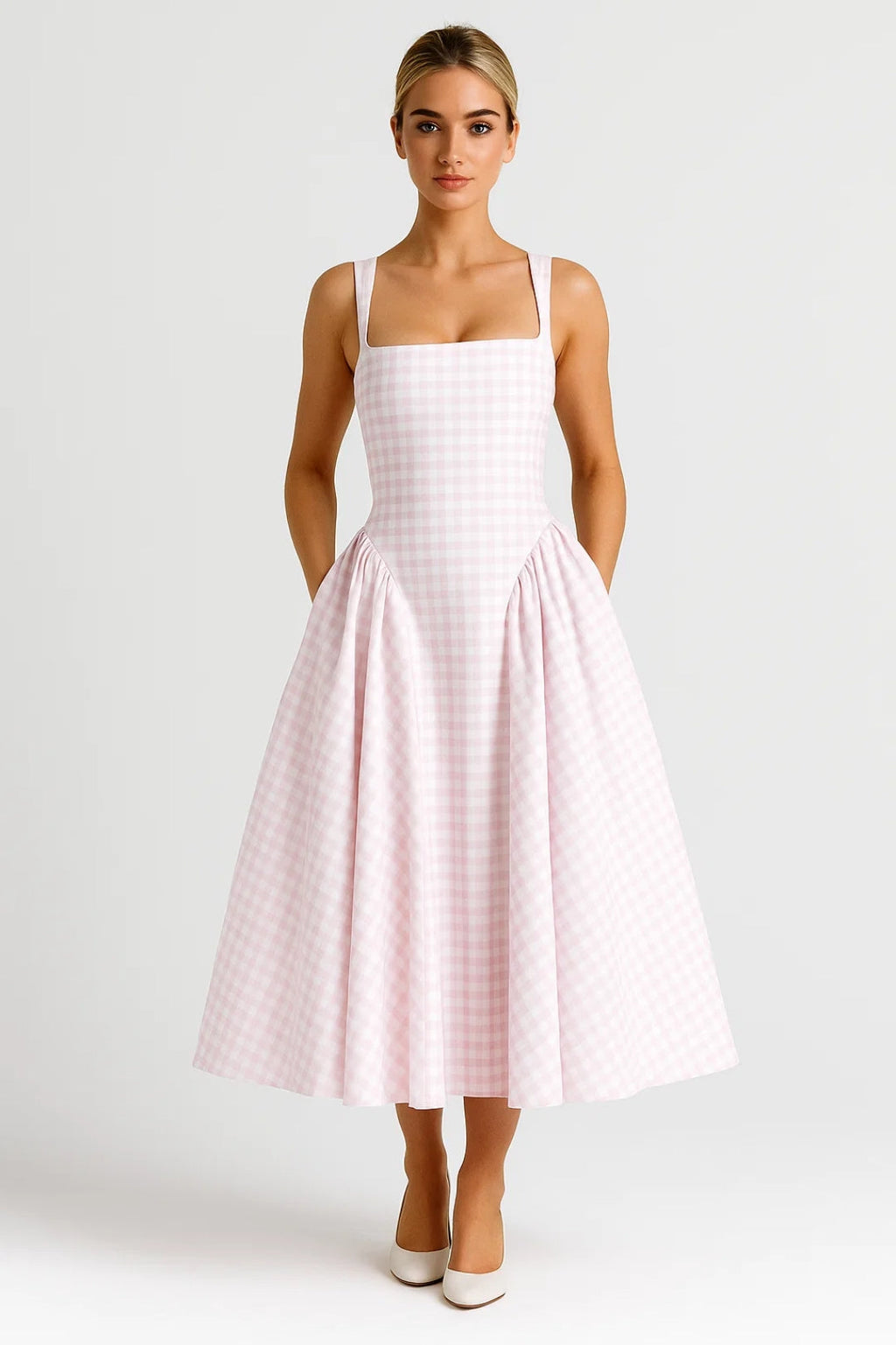 Nicolle | Retro Checkered Square-Neck Midi Dress