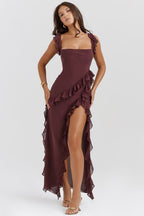 Soho | Square Neck Thigh-High Slit Ruffle Side Maxi Dress