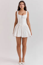 Cupido | White Stretch Twill Mini Dress – Romantic Tulle Layered Date Night Gown