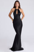 Oliviana | Luxe Black Fluid Satin Halter Keyhole Maxi Dress