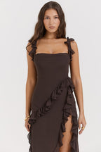 Soho | Square Neck Thigh-High Slit Ruffle Side Maxi Dress