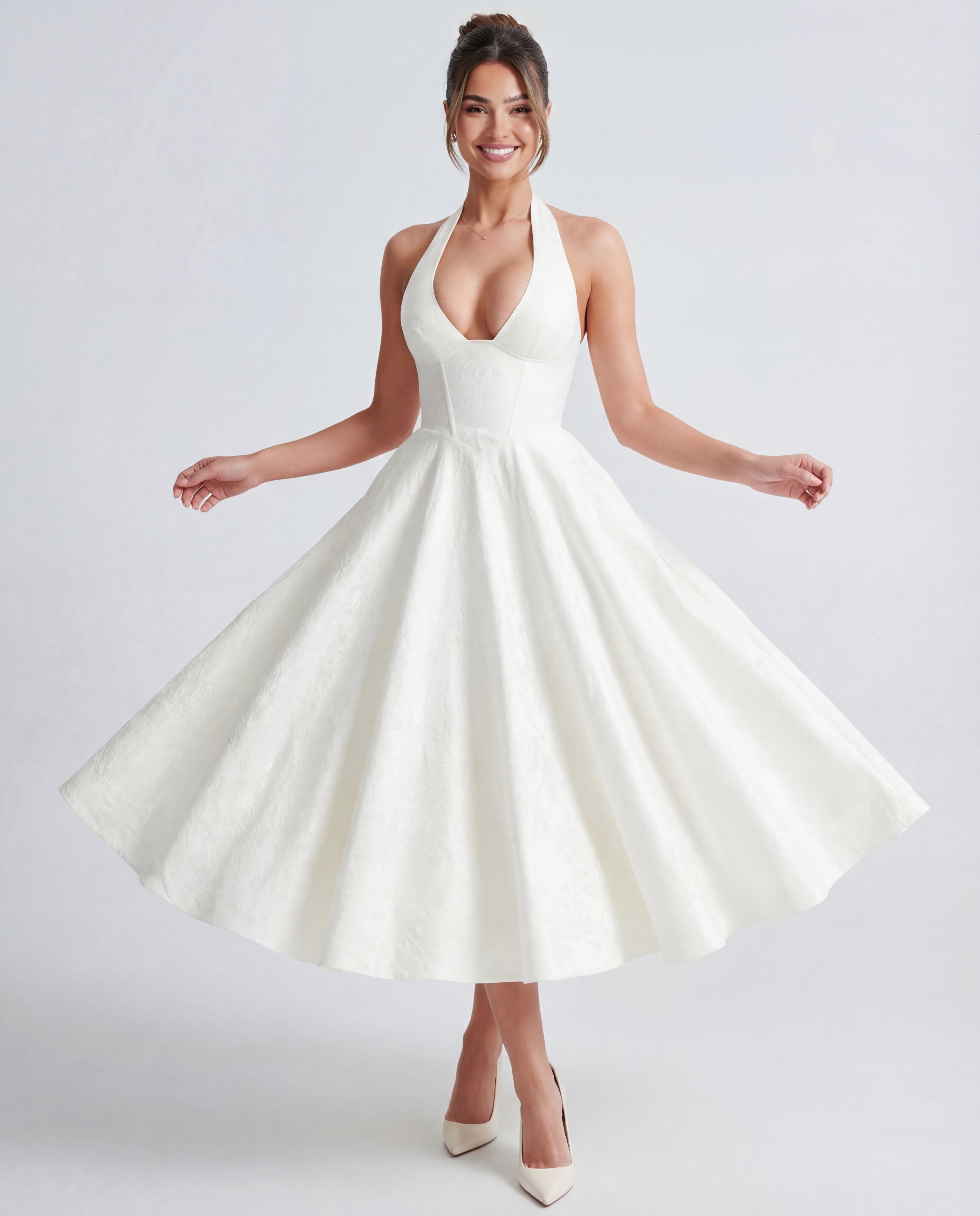 Evelyn | Halterneck Bustier Textured Jacquard Midi Dress