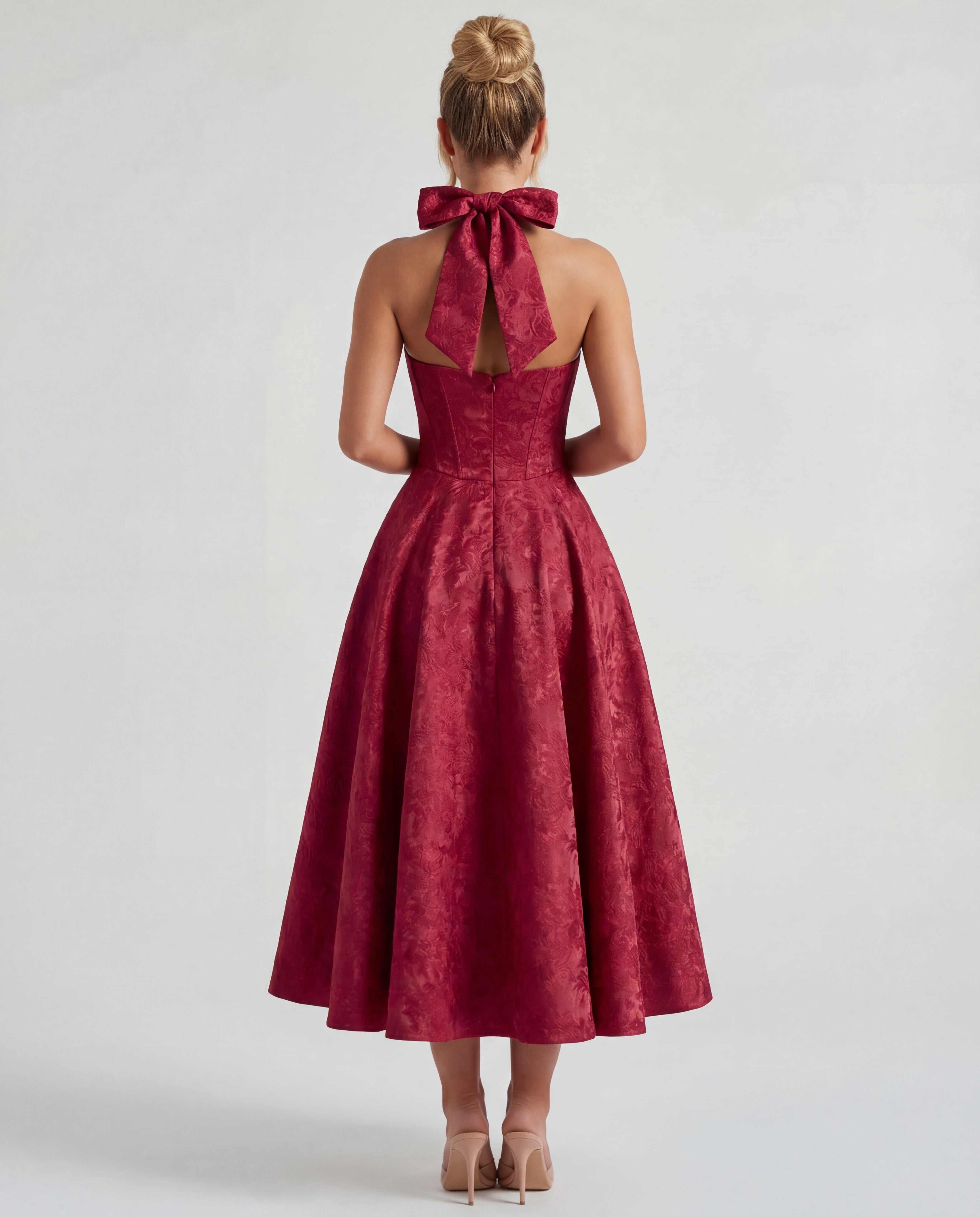 Evelyn | Halterneck Bustier Textured Jacquard Midi Dress