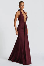 Bernadette | Plunging U-Wire Halter Draped Jersey Maxi Dress